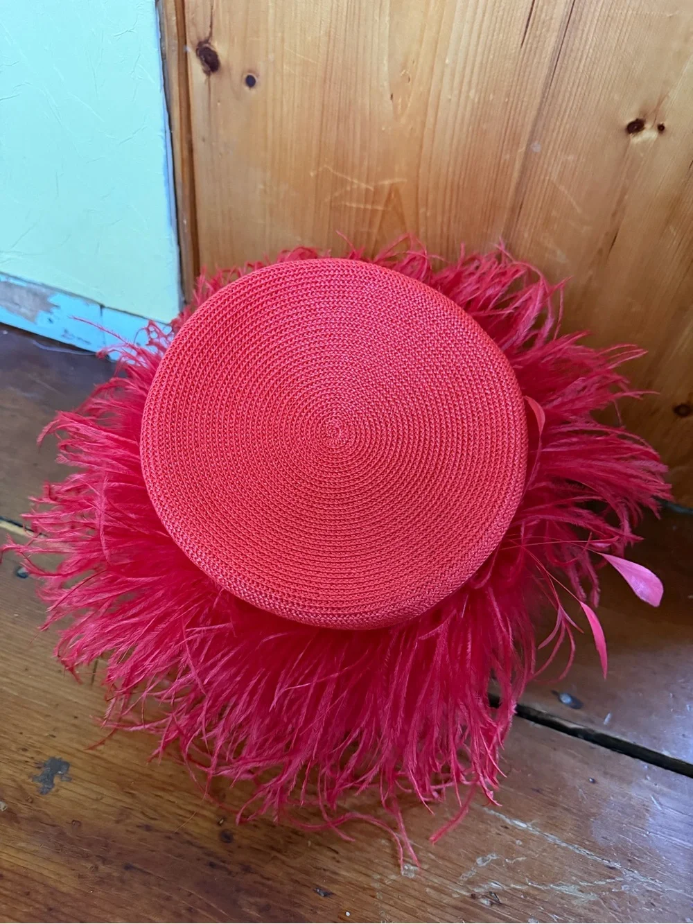 Women's Feather Trim Hot Pink Straw Hat